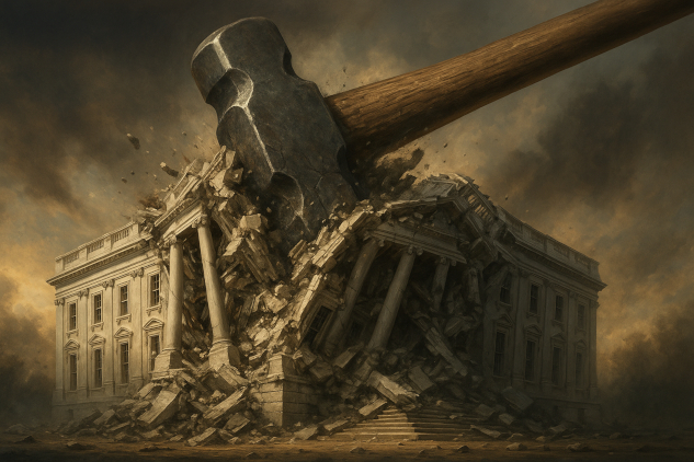 What Comes After Trump? Political Chaos, Collapse, or Collaboration? Government building collapsing under the weight of a huge hammer.