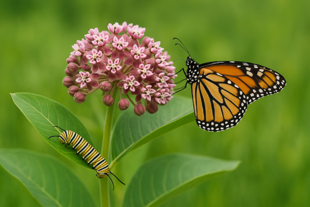 A caterpillar and a butterfly on a milkweed plant.