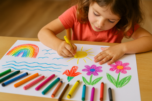 a child drawing with bright colors. 