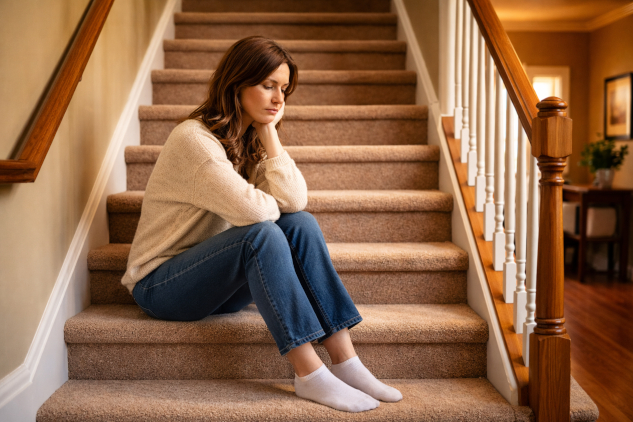 woman sitting reflectively on the stairs... going up or down?