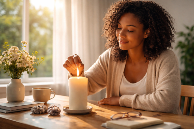 a woman lighting a candle