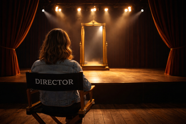 person sitting in a director's chair facing the stage which only hold a full-length mirror in the lights