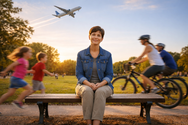 Woman sitting calmly on a park bench even with chaos around her.
