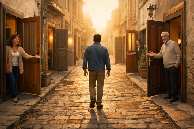 person walking down the street with doors opened and being invited to enter