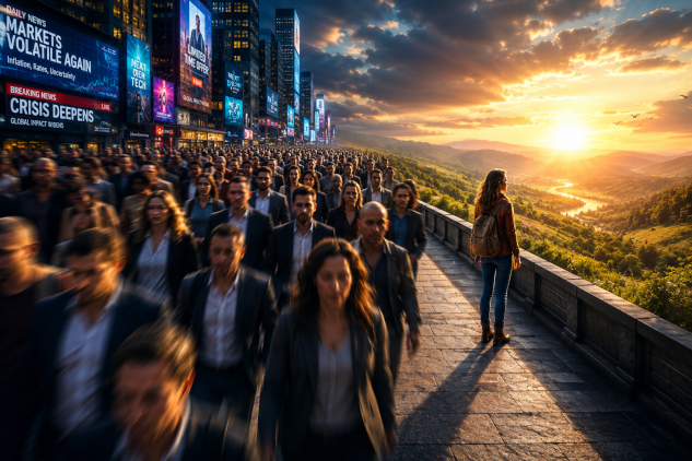 A crowd all headed in one direction with one lone person facing the other way looking at the rising sun.