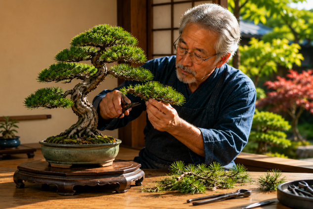 trimming the excess from the bonsai tree